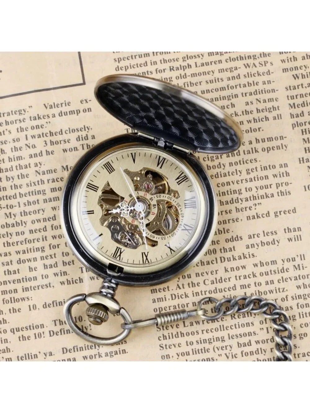 Mens Gold Bronze Railroad Skeleton Roman Numerals Hollow Mechanical Pocket Watch